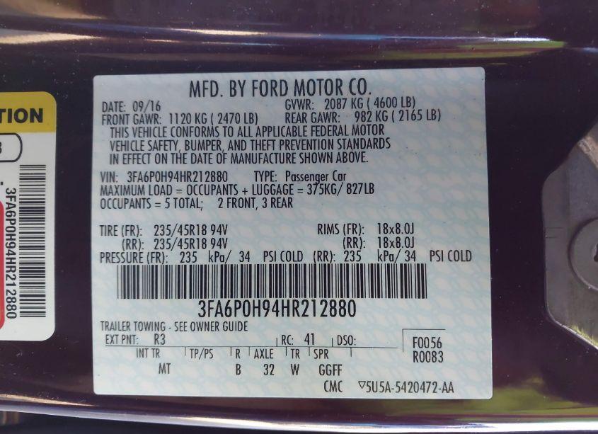 Photo 9 of 2017 Ford Fusion SE (VIN 3FA6P0H94HR212880)