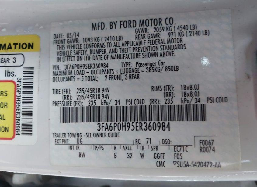 Photo 9 of 2014 Ford Fusion SE (VIN 3FA6P0H95ER360984)