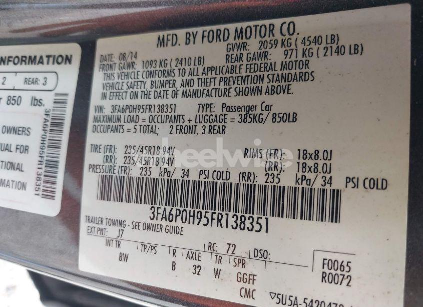 Photo 9 of 2015 Ford Fusion SE (VIN 3FA6P0H95FR138351)