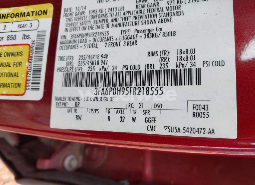 Photo 9 of 2015 Ford Fusion SE (VIN 3FA6P0H95FR218555)