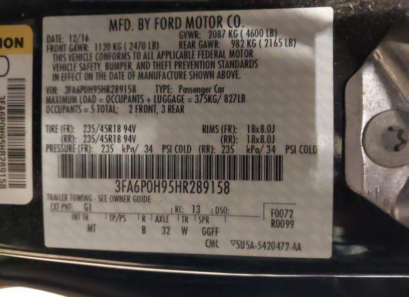 Photo 9 of 2017 Ford Fusion SE (VIN 3FA6P0H95HR289158)