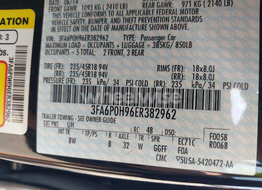 Photo 9 of 2014 Ford Fusion SE (VIN 3FA6P0H96ER382962)