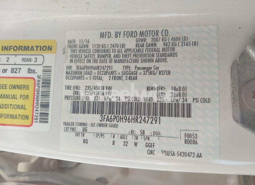 Photo 9 of 2017 Ford Fusion SE (VIN 3FA6P0H96HR247291)