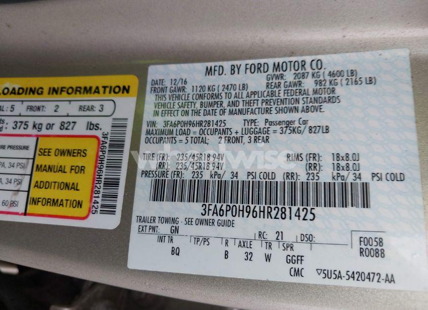 Photo 9 of 2017 Ford Fusion SE (VIN 3FA6P0H96HR281425)