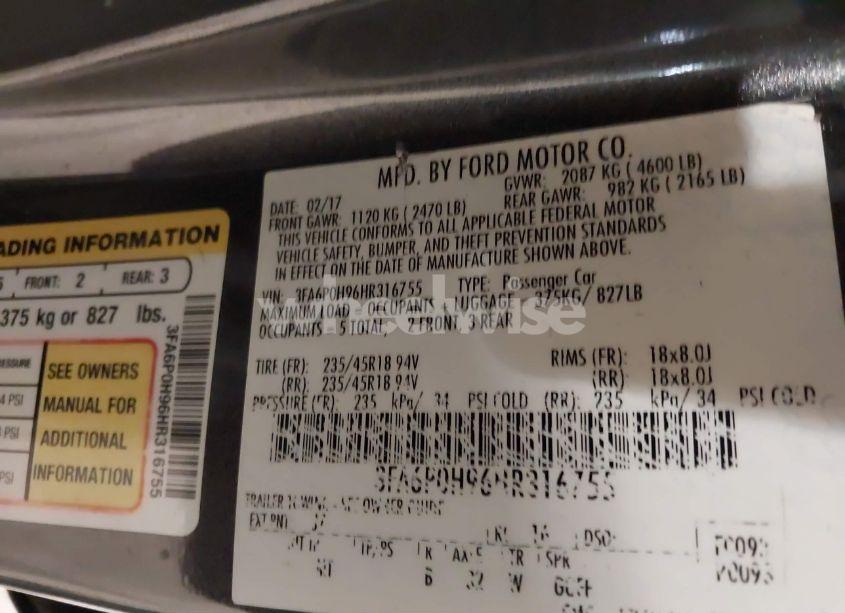 Photo 9 of 2017 Ford Fusion SE (VIN 3FA6P0H96HR316755)