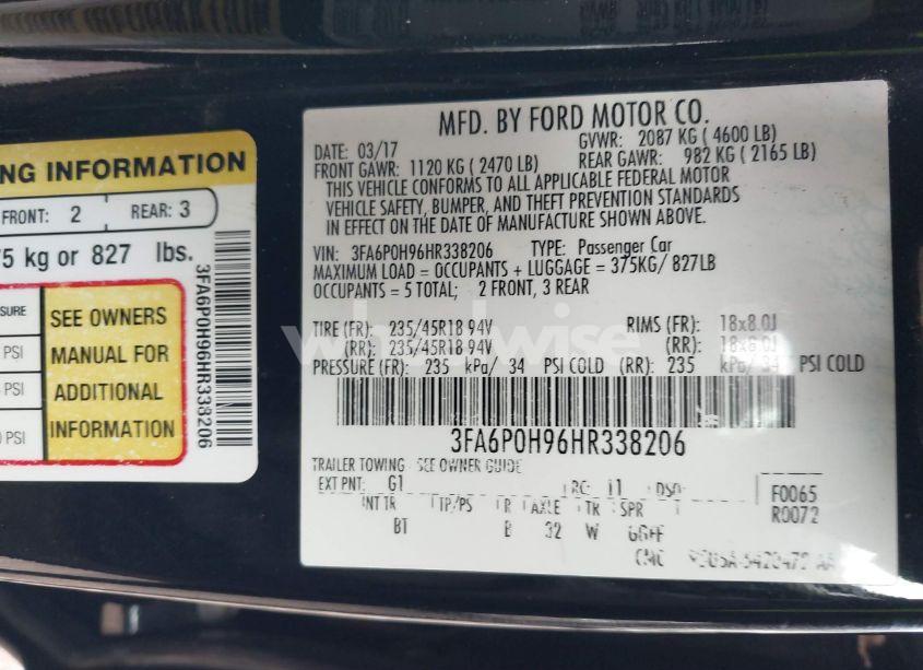 Photo 9 of 2017 Ford Fusion SE (VIN 3FA6P0H96HR338206)