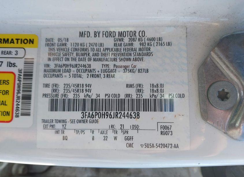 Photo 9 of 2018 Ford Fusion SE (VIN 3FA6P0H96JR244638)