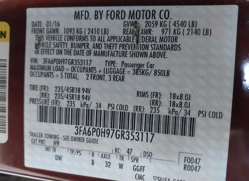 Photo 9 of 2016 Ford Fusion SE (VIN 3FA6P0H97GR353117)