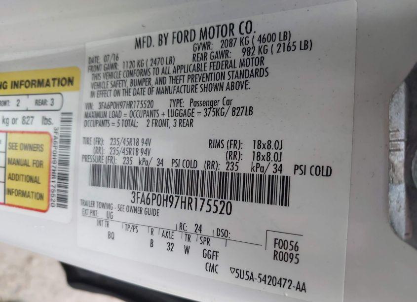 Photo 9 of 2017 Ford Fusion SE (VIN 3FA6P0H97HR175520)