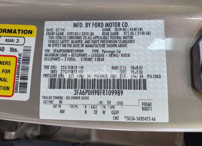 Photo 9 of 2015 Ford Fusion SE (VIN 3FA6P0H98FR109989)