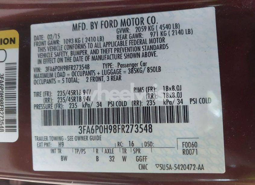 Photo 9 of 2015 Ford Fusion SE (VIN 3FA6P0H98FR273548)