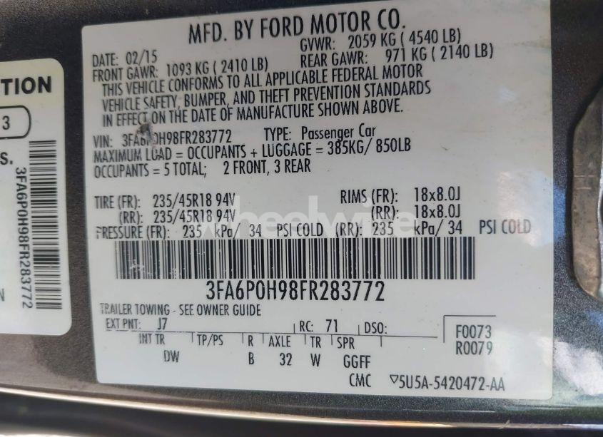 Photo 9 of 2015 Ford Fusion SE (VIN 3FA6P0H98FR283772)
