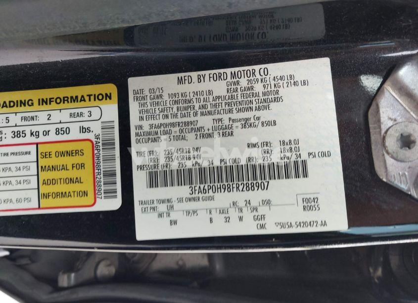 Photo 9 of 2015 Ford Fusion SE (VIN 3FA6P0H98FR288907)