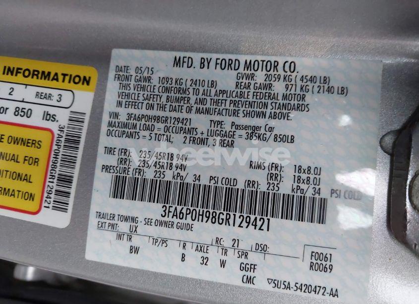 Photo 9 of 2016 Ford Fusion SE (VIN 3FA6P0H98GR129421)