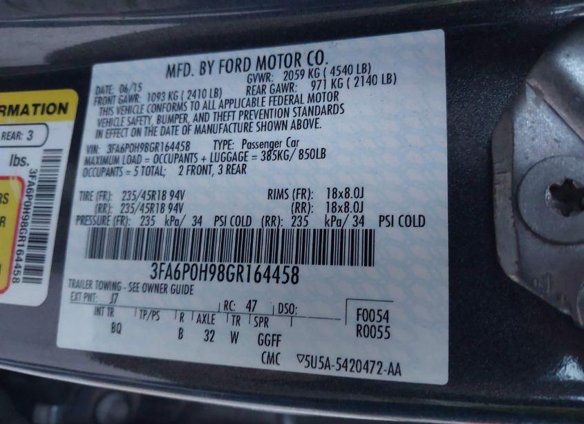 Photo 9 of 2016 Ford Fusion SE (VIN 3FA6P0H98GR164458)