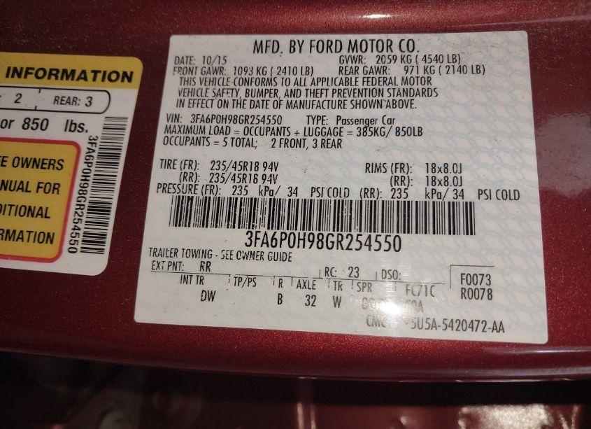 Photo 9 of 2016 Ford Fusion SE (VIN 3FA6P0H98GR254550)