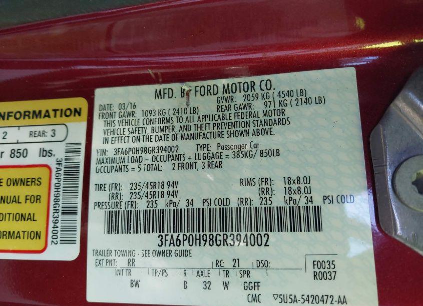 Photo 9 of 2016 Ford Fusion SE (VIN 3FA6P0H98GR394002)