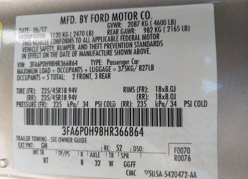 Photo 9 of 2017 Ford Fusion SE (VIN 3FA6P0H98HR366864)