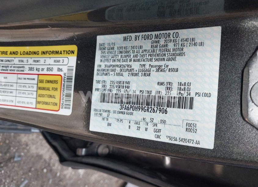 Photo 9 of 2016 Ford Fusion SE (VIN 3FA6P0H99GR267906)