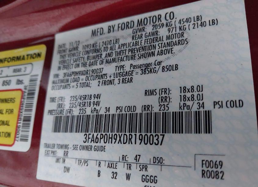 Photo 9 of 2013 Ford Fusion SE (VIN 3FA6P0H9XDR190037)