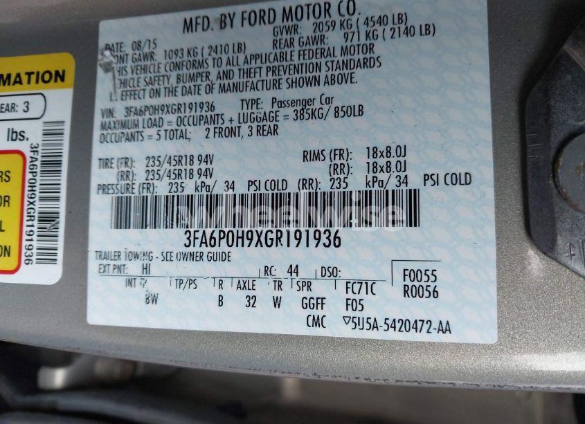 Photo 9 of 2016 Ford Fusion SE (VIN 3FA6P0H9XGR191936)