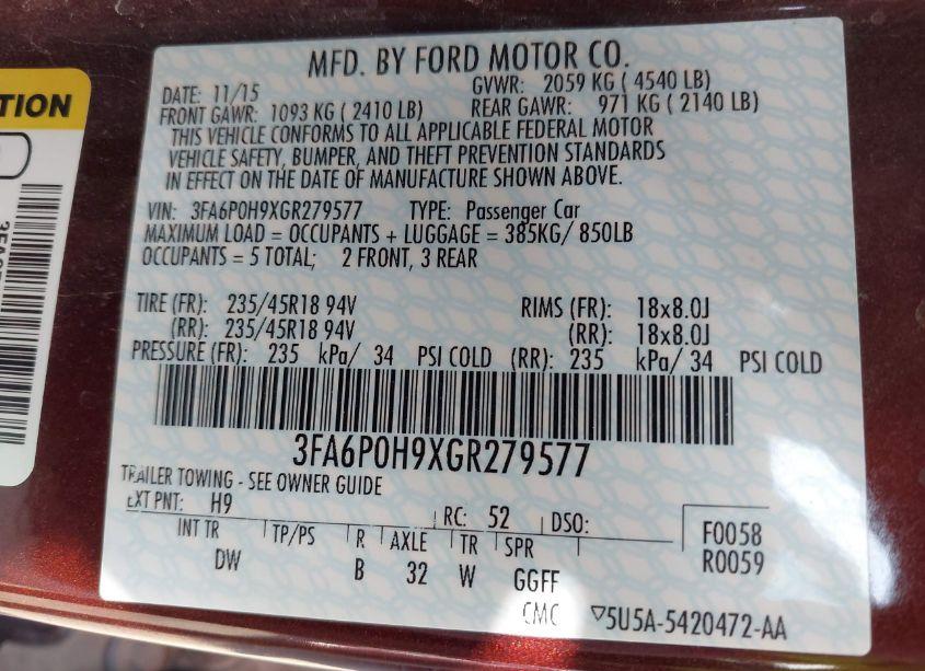 Photo 9 of 2016 Ford Fusion SE (VIN 3FA6P0H9XGR279577)