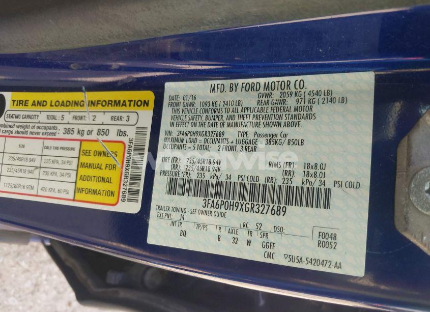 Photo 9 of 2016 Ford Fusion SE (VIN 3FA6P0H9XGR327689)