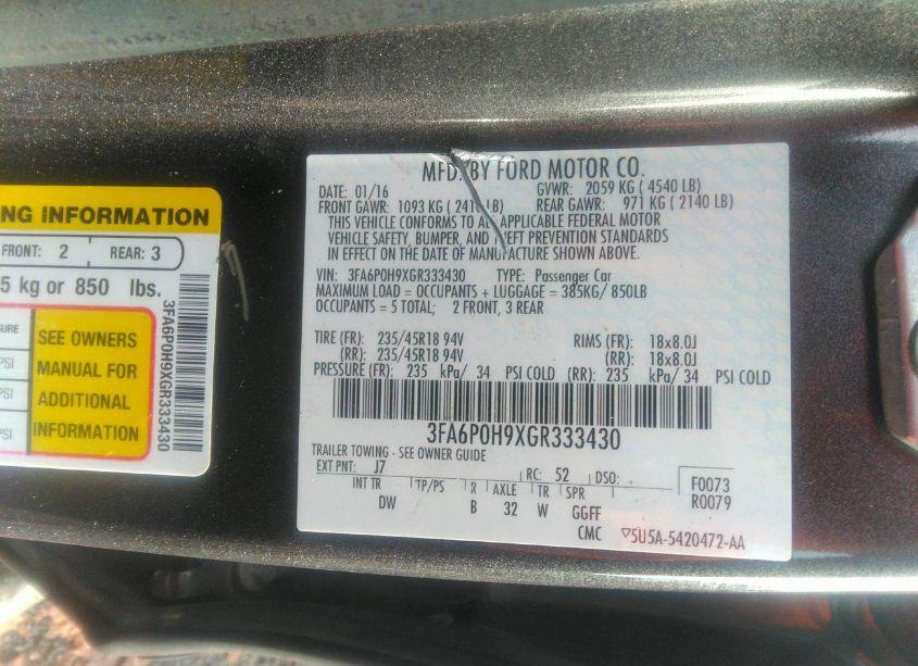 Photo 9 of 2016 Ford Fusion SE (VIN 3FA6P0H9XGR333430)