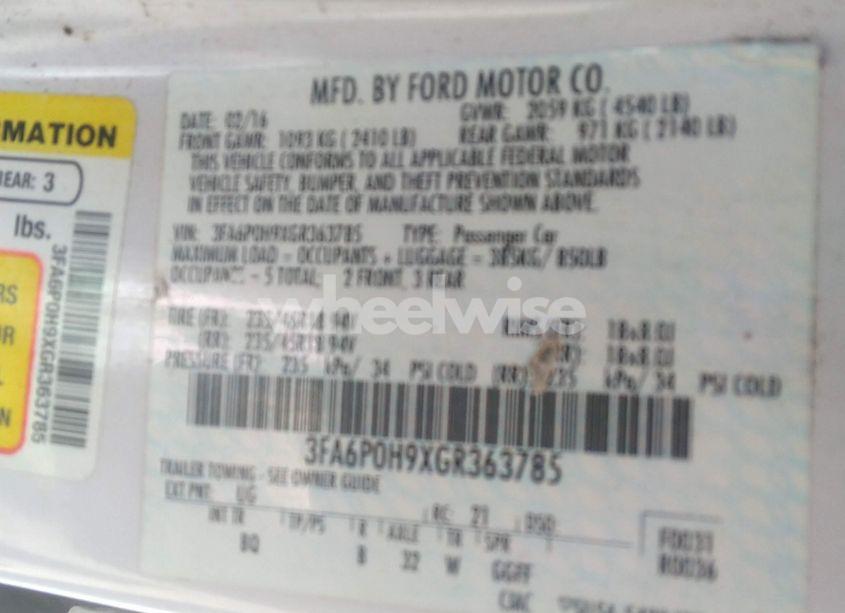 Photo 9 of 2016 Ford Fusion SE (VIN 3FA6P0H9XGR363785)