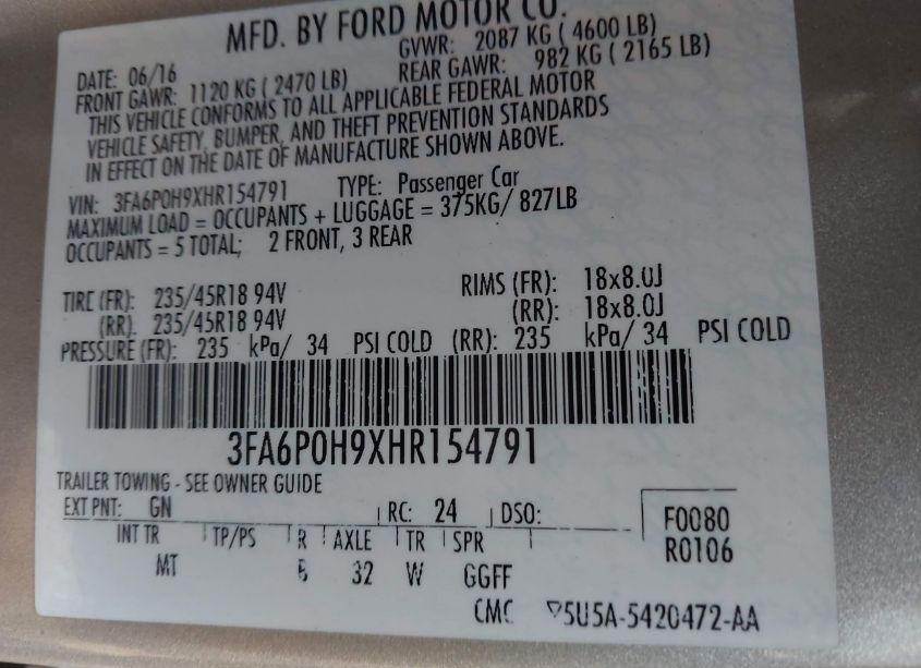 Photo 9 of 2017 Ford Fusion SE (VIN 3FA6P0H9XHR154791)