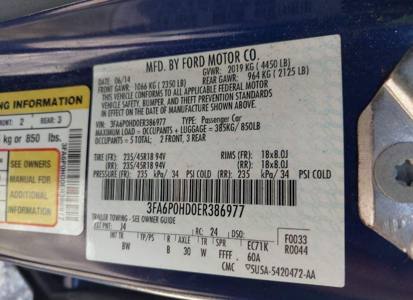 Photo 9 of 2014 Ford Fusion SE (VIN 3FA6P0HD0ER386977)