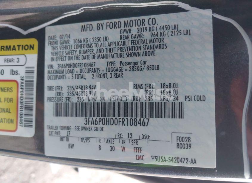 Photo 9 of 2015 Ford Fusion SE (VIN 3FA6P0HD0FR108467)