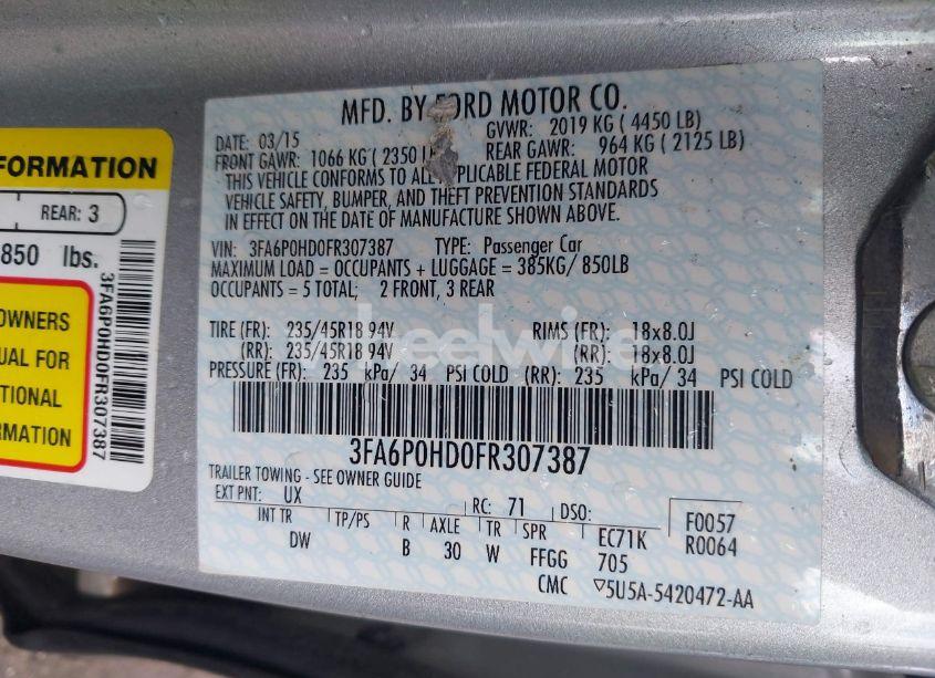 Photo 9 of 2015 Ford Fusion SE (VIN 3FA6P0HD0FR307387)