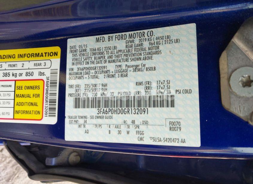 Photo 9 of 2016 Ford Fusion SE (VIN 3FA6P0HD0GR132091)