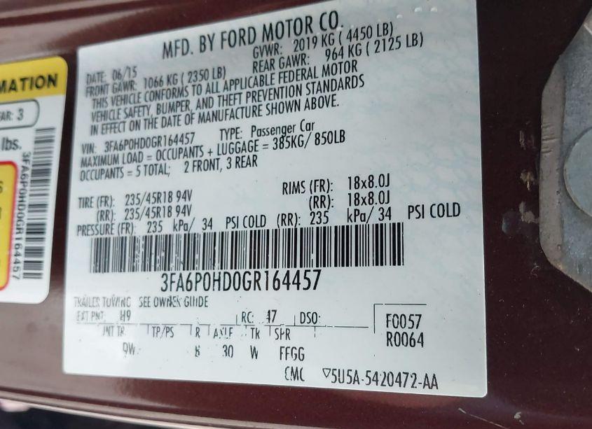 Photo 9 of 2016 Ford Fusion SE (VIN 3FA6P0HD0GR164457)
