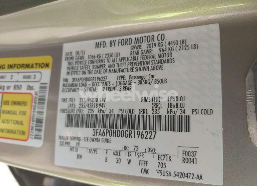 Photo 9 of 2016 Ford Fusion SE (VIN 3FA6P0HD0GR196227)