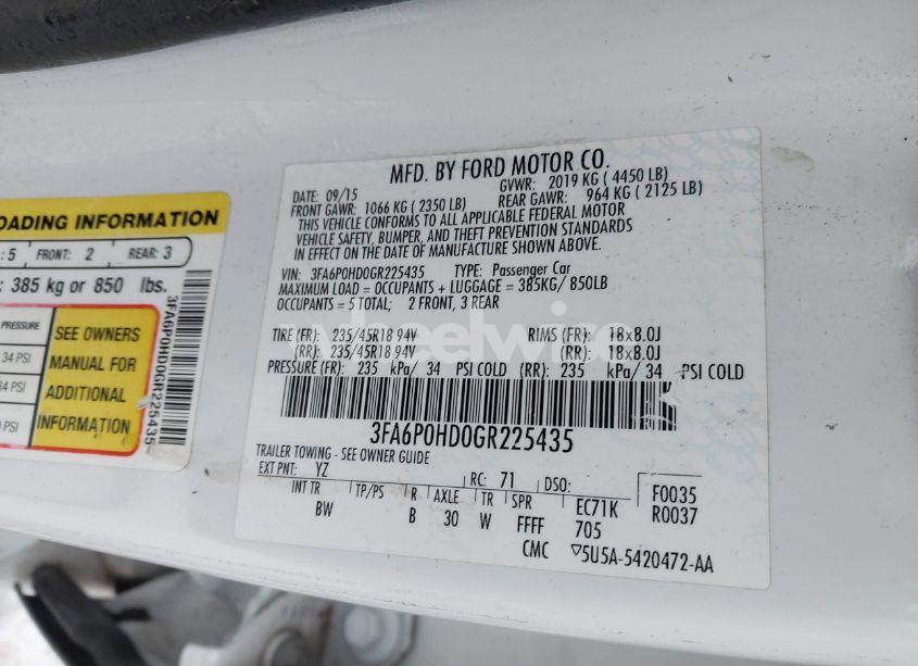 Photo 9 of 2016 Ford Fusion SE (VIN 3FA6P0HD0GR225435)