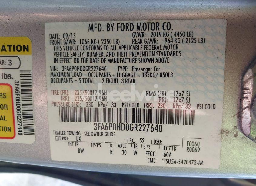 Photo 9 of 2016 Ford Fusion SE (VIN 3FA6P0HD0GR227640)
