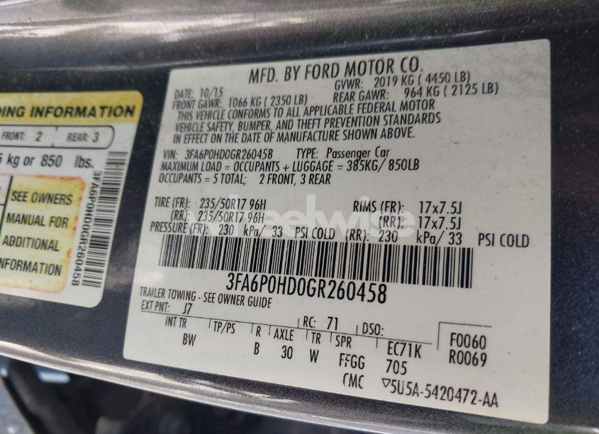 Photo 9 of 2016 Ford Fusion SE (VIN 3FA6P0HD0GR260458)