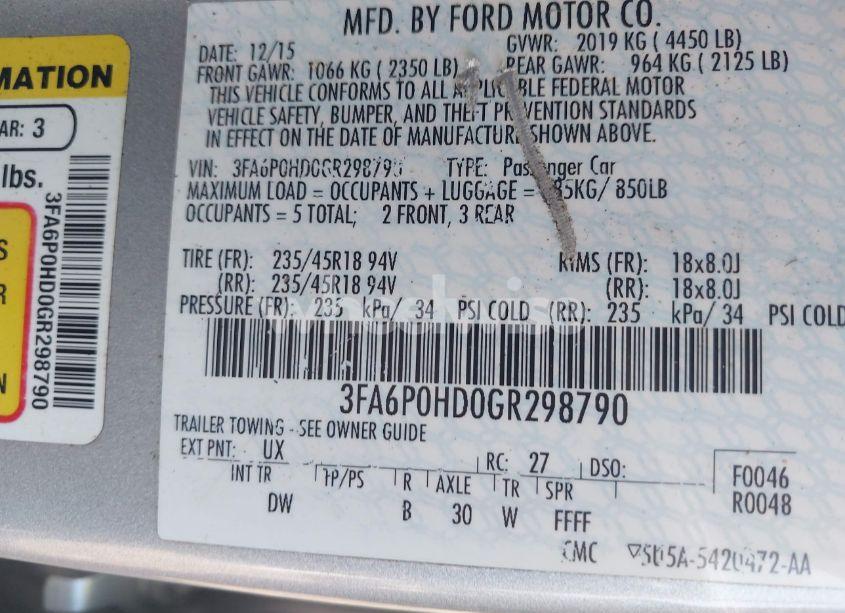 Photo 9 of 2016 Ford Fusion SE (VIN 3FA6P0HD0GR298790)