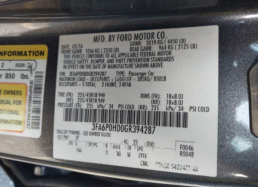 Photo 9 of 2016 Ford Fusion SE (VIN 3FA6P0HD0GR394287)