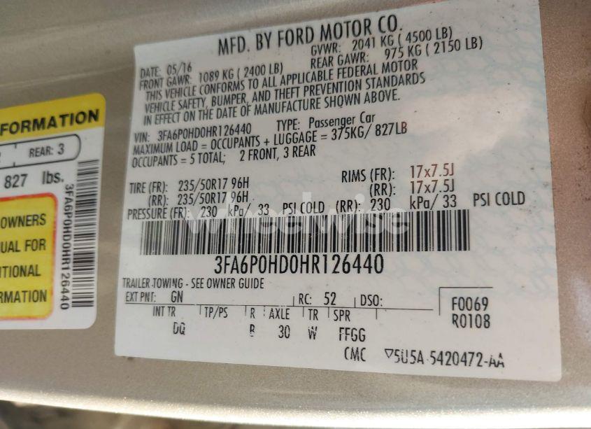 Photo 9 of 2017 Ford Fusion SE (VIN 3FA6P0HD0HR126440)