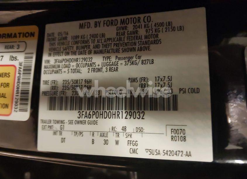 Photo 9 of 2017 Ford Fusion SE (VIN 3FA6P0HD0HR129032)