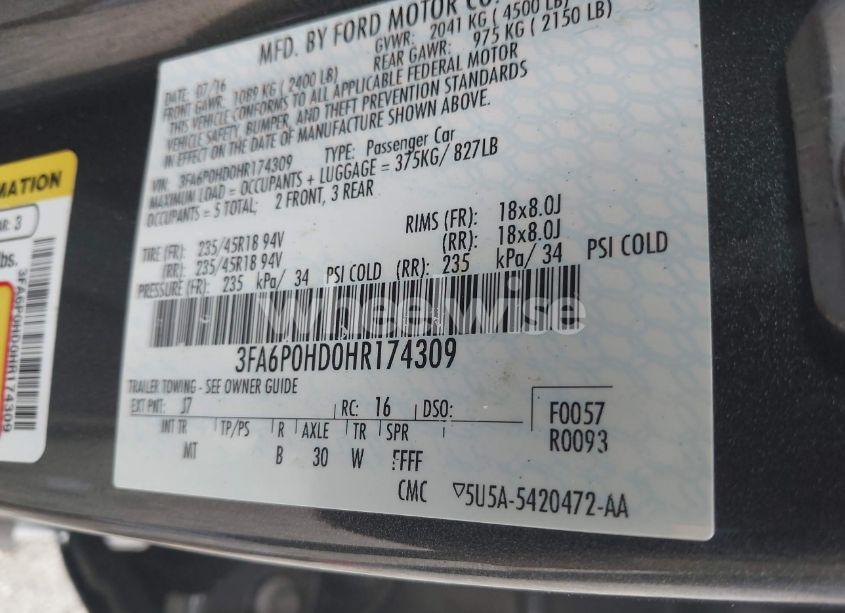 Photo 9 of 2017 Ford Fusion SE (VIN 3FA6P0HD0HR174309)