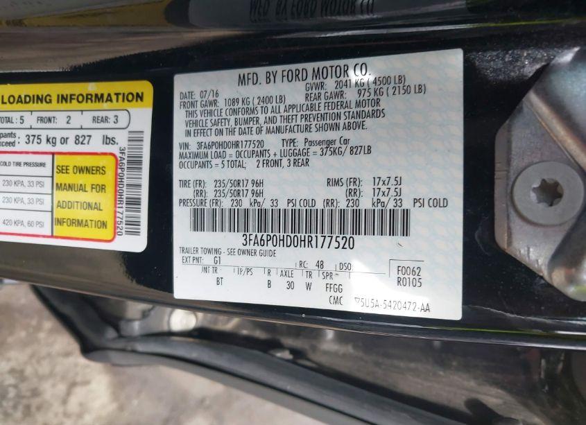 Photo 9 of 2017 Ford Fusion SE (VIN 3FA6P0HD0HR177520)