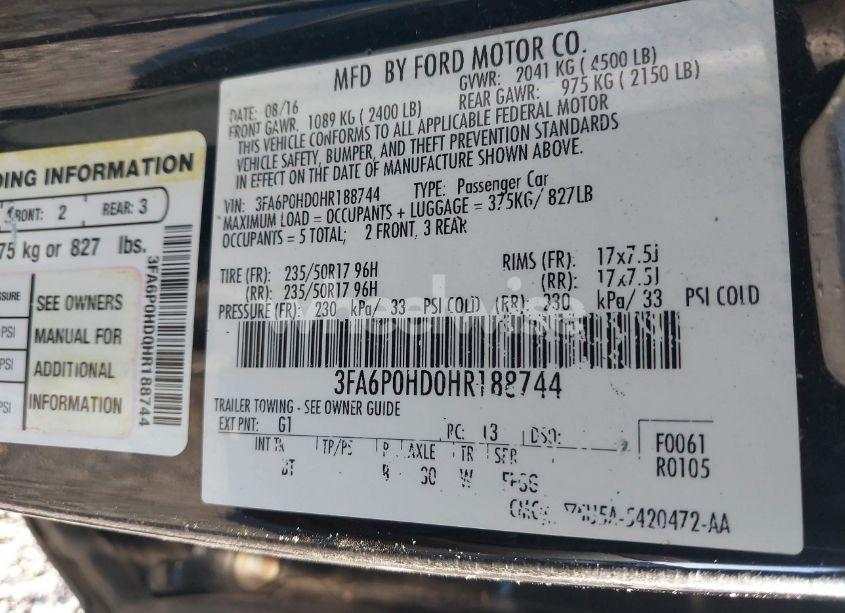 Photo 9 of 2017 Ford Fusion SE (VIN 3FA6P0HD0HR188744)