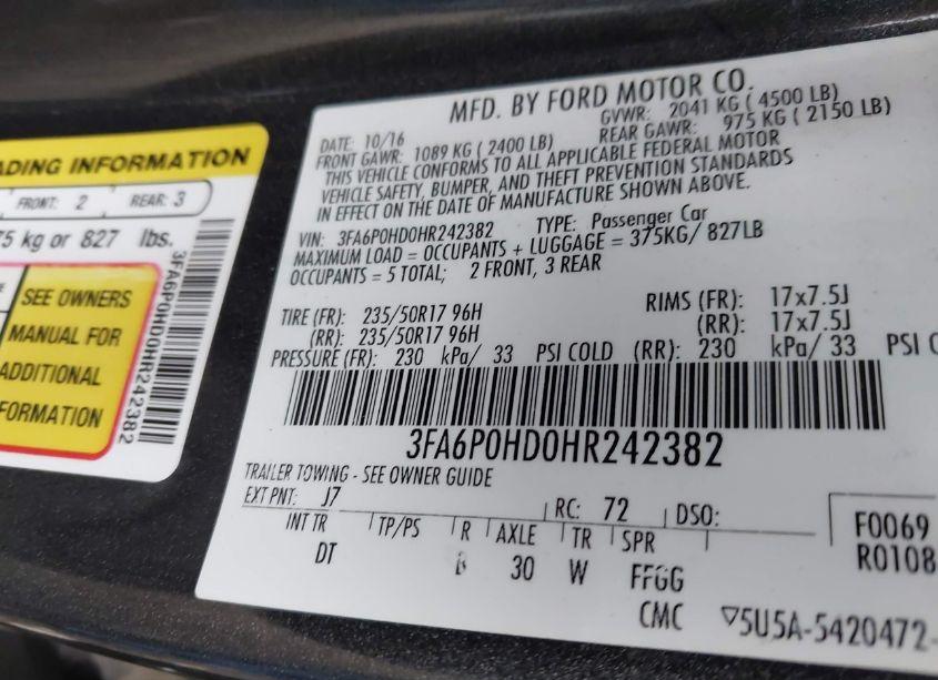 Photo 9 of 2017 Ford Fusion SE (VIN 3FA6P0HD0HR242382)