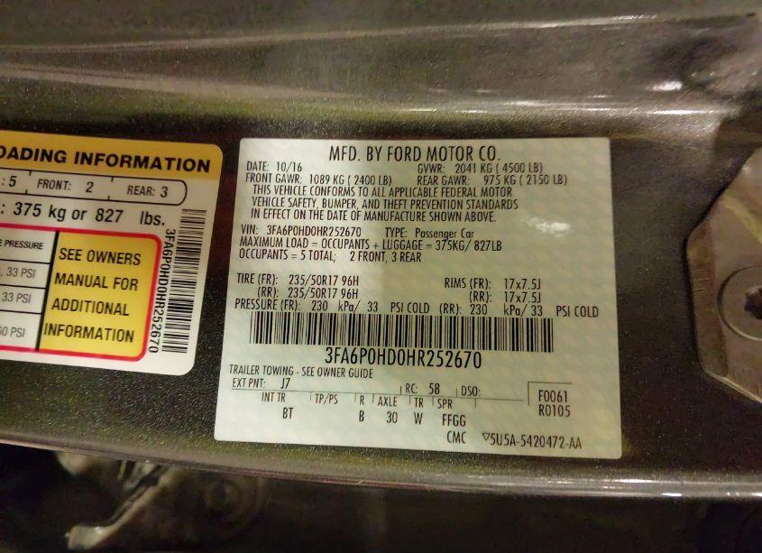 Photo 9 of 2017 Ford Fusion SE (VIN 3FA6P0HD0HR252670)