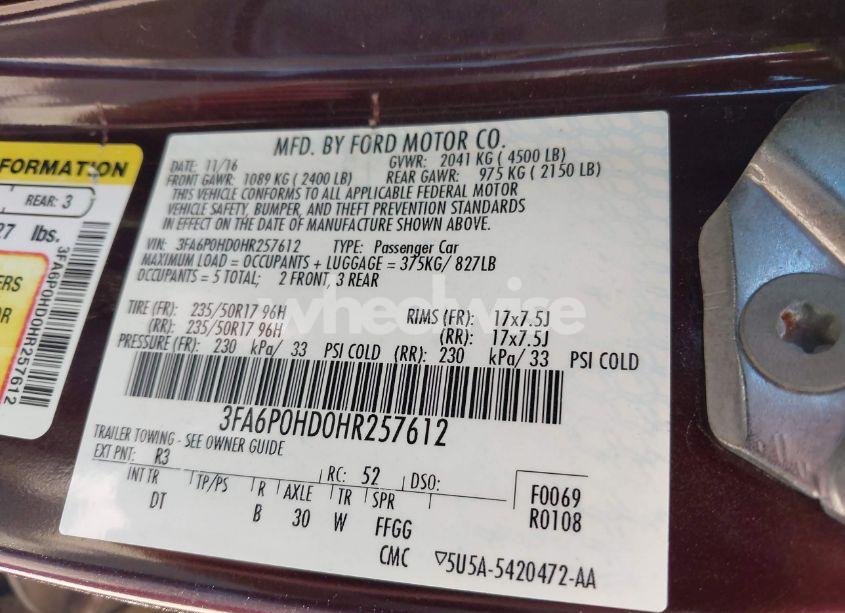 Photo 9 of 2017 Ford Fusion SE (VIN 3FA6P0HD0HR257612)