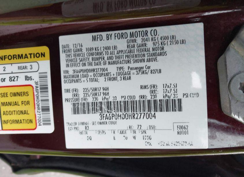 Photo 9 of 2017 Ford Fusion SE (VIN 3FA6P0HD0HR277004)